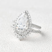 Pear Cut Moissanite Halo Engagement Ring with Curved Stacking Band Mapple Gems
